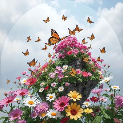 The primary subject of the image is a flower arrangement featuring a variety of flowers, including pink and white flowers. The setting is a garden, with a cloudy sky in the background. The visual style is a combination of photo and digital art, creating a vibrant and lively atmosphere. The colors and mood of the image are predominantly pink and white, with a touch of yellow, giving the scene a warm and inviting feel.